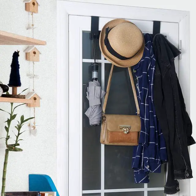Alt view image 6 of 7 - Over The Door Hooks,Over Door Towel Rack with 6 Peg Hooks for Hanging,Door Coat Hanger Door Coat Rack for Behind Back of Bathroom,Black