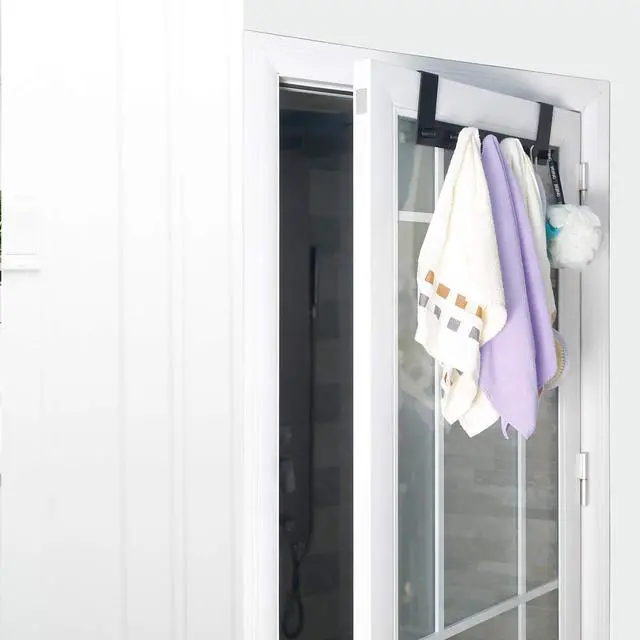Alt view image 7 of 7 - Over The Door Hooks,Over Door Towel Rack with 6 Peg Hooks for Hanging,Door Coat Hanger Door Coat Rack for Behind Back of Bathroom,Black