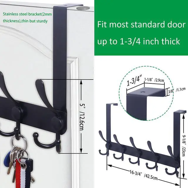 Alt view image 4 of 7 - Over The Door Hook,Door Hanger Hook Rack with 5 Tri Hooks for Hanging Coats,Over Door Towel Rack Door Coat Towel Hanger Door Coat Rack for Bathroom,Behind Back of Door,Black