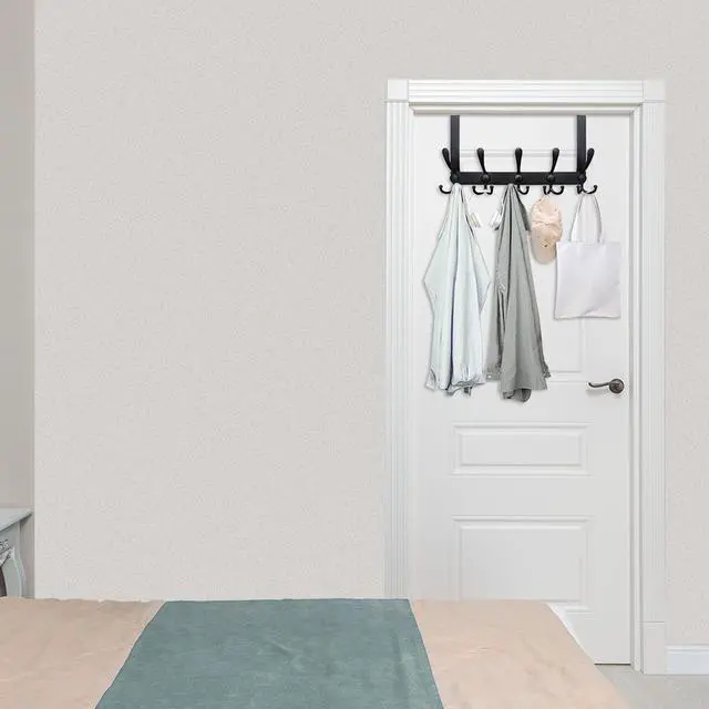 Alt view image 6 of 7 - Over The Door Hook,Door Hanger Hook Rack with 5 Tri Hooks for Hanging Coats,Over Door Towel Rack Door Coat Towel Hanger Door Coat Rack for Bathroom,Behind Back of Door,Black