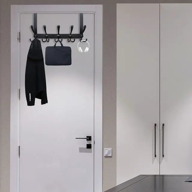 Alt view image 5 of 7 - Over The Door Hook,Door Hanger Hook Rack with 5 Tri Hooks for Hanging Coats,Over Door Towel Rack Door Coat Towel Hanger Door Coat Rack for Bathroom,Behind Back of Door,Black