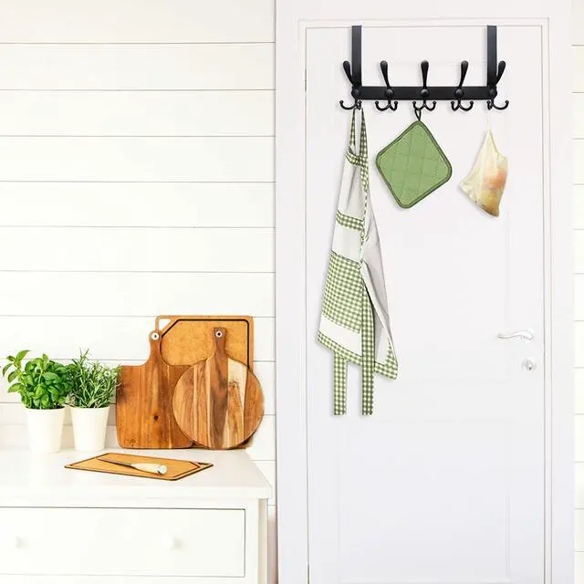 Alt view image 7 of 7 - Over The Door Hook,Door Hanger Hook Rack with 5 Tri Hooks for Hanging Coats,Over Door Towel Rack Door Coat Towel Hanger Door Coat Rack for Bathroom,Behind Back of Door,Black