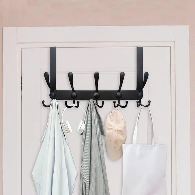 Alt view image 2 of 7 - Over The Door Hook,Door Hanger Hook Rack with 5 Tri Hooks for Hanging Coats,Over Door Towel Rack Door Coat Towel Hanger Door Coat Rack for Bathroom,Behind Back of Door,Black