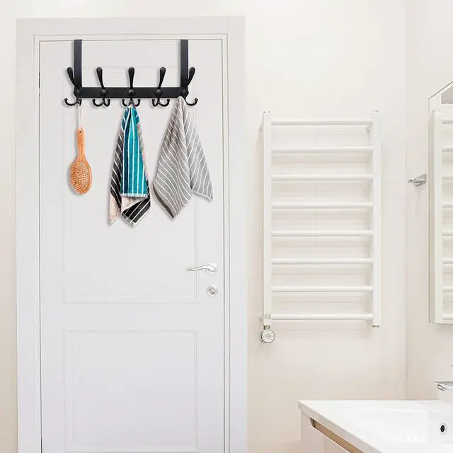 Alt view image 3 of 7 - Over The Door Hook,Door Hanger Hook Rack with 5 Tri Hooks for Hanging Coats,Over Door Towel Rack Door Coat Towel Hanger Door Coat Rack for Bathroom,Behind Back of Door,Black