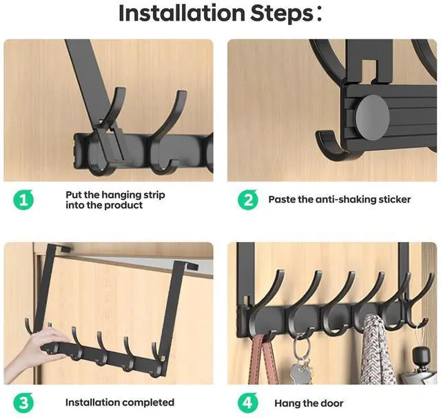 Alt view image 5 of 7 - Over The Door Hooks - NO Nail Door Hanger Hook,NO Assembly REQUIERDE Coat Rack on Door with 12 Hooks,Over The Door Towel Racks for Bathroom,Bedroom,Kitchen,Hanging Towels,Coats (Black)