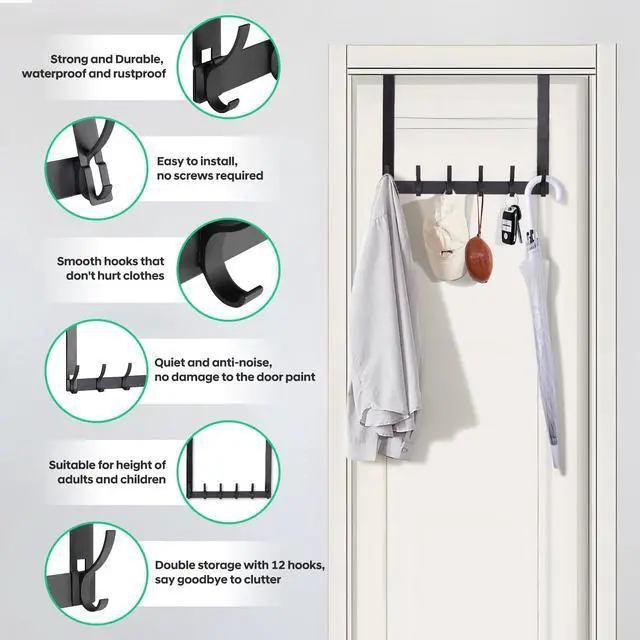 Alt view image 6 of 7 - Over The Door Hooks - NO Nail Door Hanger Hook,NO Assembly REQUIERDE Coat Rack on Door with 12 Hooks,Over The Door Towel Racks for Bathroom,Bedroom,Kitchen,Hanging Towels,Coats (Black)