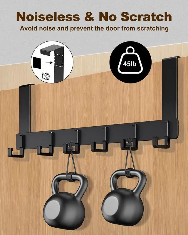 Alt view image 6 of 7 - Over The Door Hooks, Sturdy Door Hanger, Large Over The Door Towel Rack with 6 Hooks, Heavy Duty Easy to Install, for Bathroom, BedroomKitchenHanging Towels, Coats (Black).