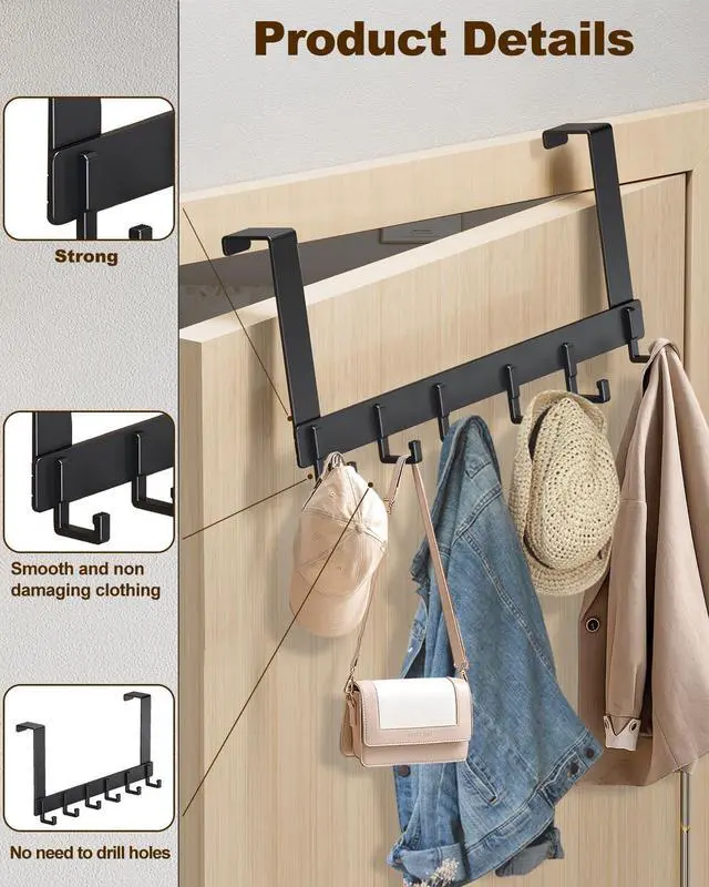 Alt view image 2 of 7 - Over The Door Hooks, Sturdy Door Hanger, Large Over The Door Towel Rack with 6 Hooks, Heavy Duty Easy to Install, for Bathroom, BedroomKitchenHanging Towels, Coats (Black).
