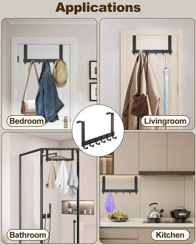 Alt view image 4 of 7 - Over The Door Hooks, Sturdy Door Hanger, Large Over The Door Towel Rack with 6 Hooks, Heavy Duty Easy to Install, for Bathroom, BedroomKitchenHanging Towels, Coats (Black).
