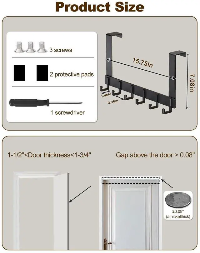 Alt view image 5 of 7 - Over The Door Hooks, Sturdy Door Hanger, Large Over The Door Towel Rack with 6 Hooks, Heavy Duty Easy to Install, for Bathroom, BedroomKitchenHanging Towels, Coats (Black).