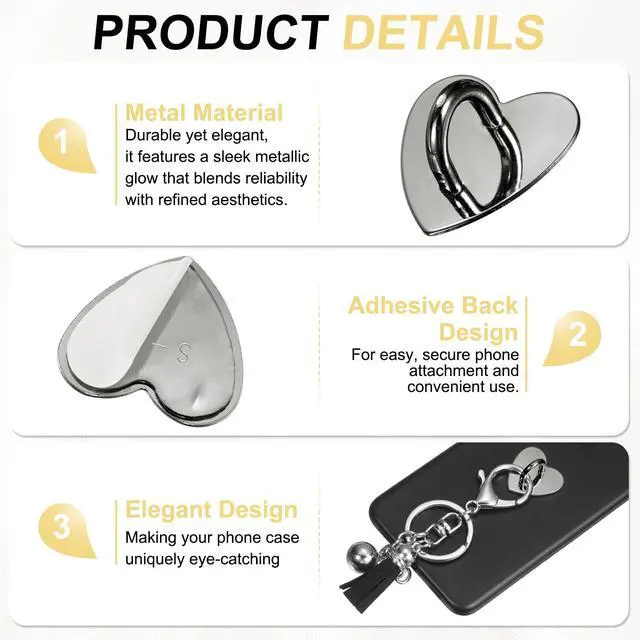 Alt view image 3 of 6 - Metal Phone Charm Hook 1", 12Pcs Adhesive Heart Shaped Phone Finger Grip Hook Smartphones Keychain Ring Charm Loop for DIY Tablet Case Accessories, Black