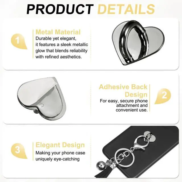 Alt view image 3 of 6 - Metal Phone Charm Hook 0.8", 24Pcs Adhesive Heart Shaped Phone Finger Grip Hook Smartphones Keychain Ring Charm Loop for DIY Tablet Case Accessories, Black