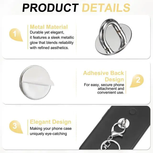 Alt view image 3 of 6 - Metal Phone Charm Hook 0.7", 12Pcs Adhesive Circle Shaped Phone Finger Grip Hook Smartphones Keychain Ring Charm Loop for DIY Tablet Case Accessories, Silver