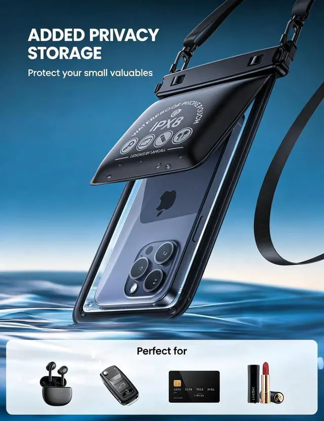 Alt view image 2 of 7 - Double Pocket Waterproof Phone Pouch - IPX8 Dry Bag - Privacy Storage for Card & Key - Cruise Ship, Beach Essentials for iPhone 17 16 15 14 13 Pro Max, Galaxy S25, for Bulky Cases up to 7.5"