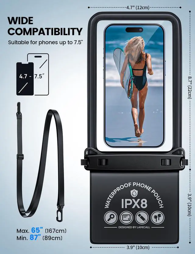Alt view image 5 of 7 - Double Pocket Waterproof Phone Pouch - IPX8 Dry Bag - Privacy Storage for Card & Key - Cruise Ship, Beach Essentials for iPhone 17 16 15 14 13 Pro Max, Galaxy S25, for Bulky Cases up to 7.5"