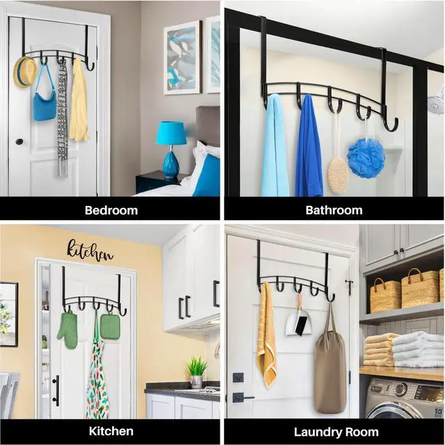Alt view image 3 of 7 - Professional® Home Over the Door Hooks - 5 Hook Over the Door Coat Rack - Over the Door Hanger - Hanging Towels or Clothes - Bathroom, Bedroom, Laundry Room - Lifetime Ltd. Warranty, Black