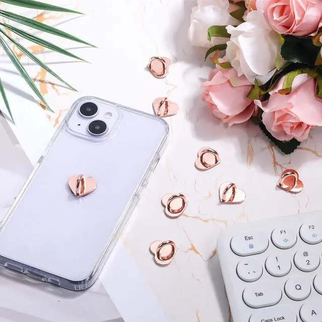 Alt view image 3 of 7 - 8pcs Heart Cell Phone Ring Holder, Cute Phone Charm Hooks Adhesive Smartphone Finger Ring Grip Sticky Metal Loop Stand for Cellphone Case Pad Tablet DIY Accessories (Rose Gold)