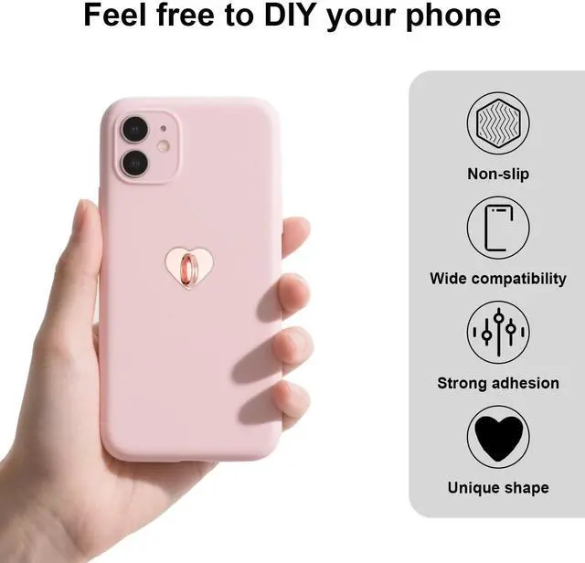 Alt view image 4 of 7 - 8pcs Heart Cell Phone Ring Holder, Cute Phone Charm Hooks Adhesive Smartphone Finger Ring Grip Sticky Metal Loop Stand for Cellphone Case Pad Tablet DIY Accessories (Rose Gold)