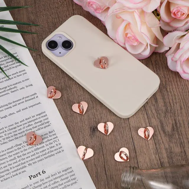 Alt view image 6 of 7 - 8pcs Heart Cell Phone Ring Holder, Cute Phone Charm Hooks Adhesive Smartphone Finger Ring Grip Sticky Metal Loop Stand for Cellphone Case Pad Tablet DIY Accessories (Rose Gold)
