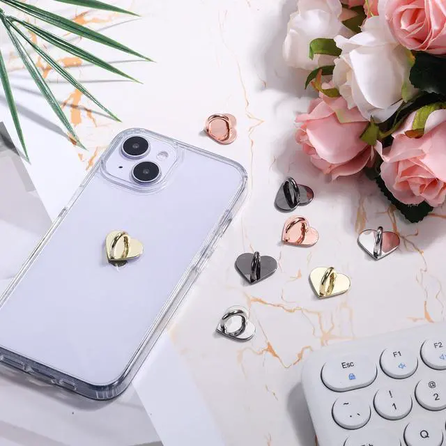 Alt view image 3 of 7 - 8pcs Heart Cell Phone Ring Holder, Cute Phone Charm Hooks Adhesive Smartphone Finger Ring Grip Sticky Metal Loop Stand for Cellphone Case Pad Tablet DIY Accessories (4 Colors)