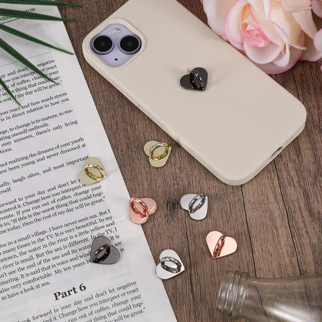 Alt view image 6 of 7 - 8pcs Heart Cell Phone Ring Holder, Cute Phone Charm Hooks Adhesive Smartphone Finger Ring Grip Sticky Metal Loop Stand for Cellphone Case Pad Tablet DIY Accessories (4 Colors)