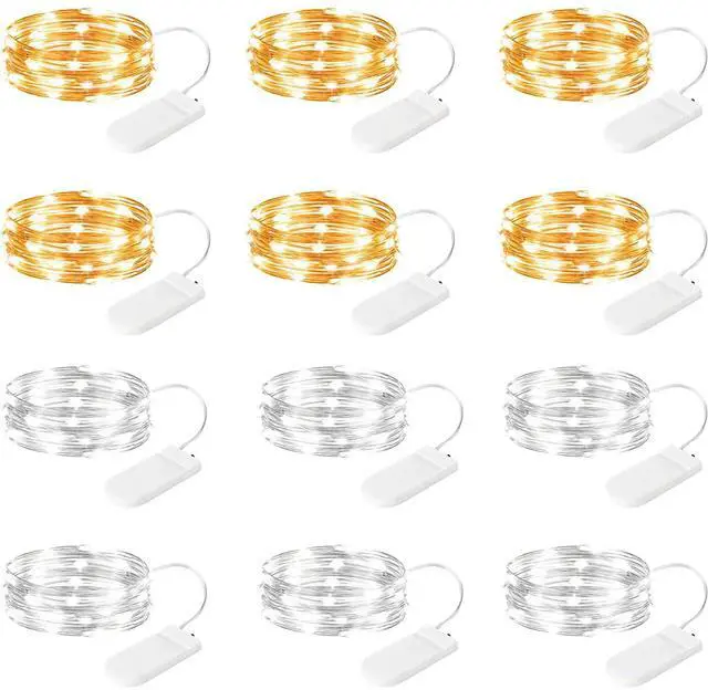 Main image of 12 Pack Led Fairy Lights Battery Operated String Lights Waterproof Silver Wire 7 Feet 20 Led Firefly Starry Moon Lights for DIY Wedding Party Bedroom
