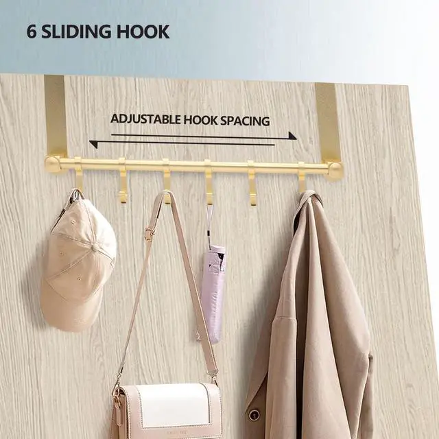 Alt view image 4 of 7 - Over The Door Hooks Door Hanger, Moving 6-Hooks Over Door Coat Rack for Hanging, Aluminum Heavy Duty Door Organizer for Towel Robe Hat Bag, Behind Back of Door Bathroom (Gold)