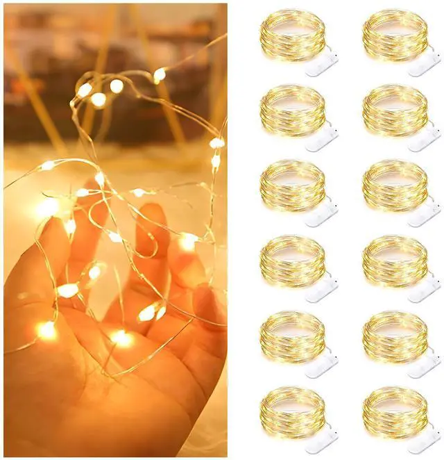 Main image of 12 Pack Fairy Lights with Batteries,7ft 20 LED Waterproof Silver Wire String Lights, Firefly Starry Lights for DIY Mason Jars Wedding Table Centerpieces Party & Bedroom Decor (Warm White)