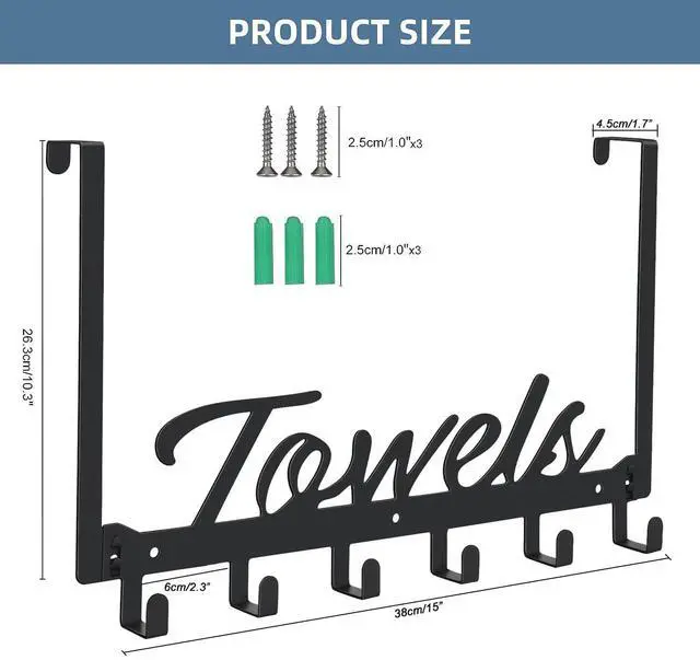 Alt view image 2 of 7 - Over The Door Hooks - Heavy Duty Towel Rack with 6 Hooks for Bedroom, Bathroom, Kitchen - Holds Towels, Bags, Coats, Hats - Black
