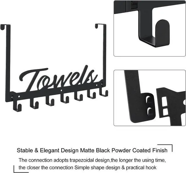 Alt view image 3 of 7 - Over The Door Hooks - Heavy Duty Towel Rack with 6 Hooks for Bedroom, Bathroom, Kitchen - Holds Towels, Bags, Coats, Hats - Black