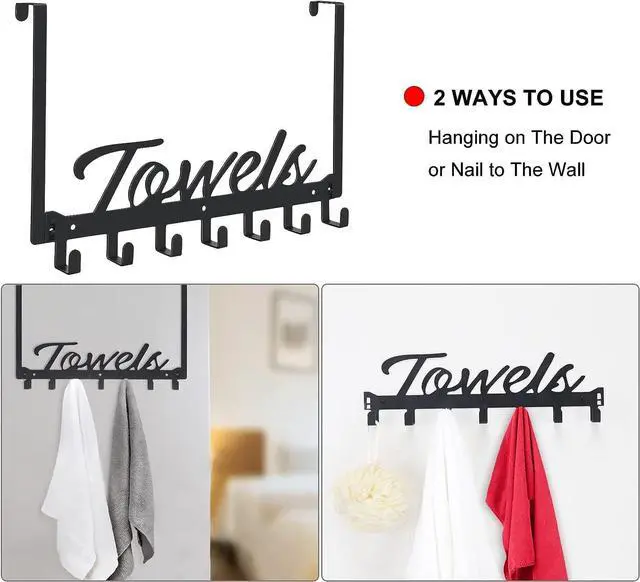 Alt view image 4 of 7 - Over The Door Hooks - Heavy Duty Towel Rack with 6 Hooks for Bedroom, Bathroom, Kitchen - Holds Towels, Bags, Coats, Hats - Black