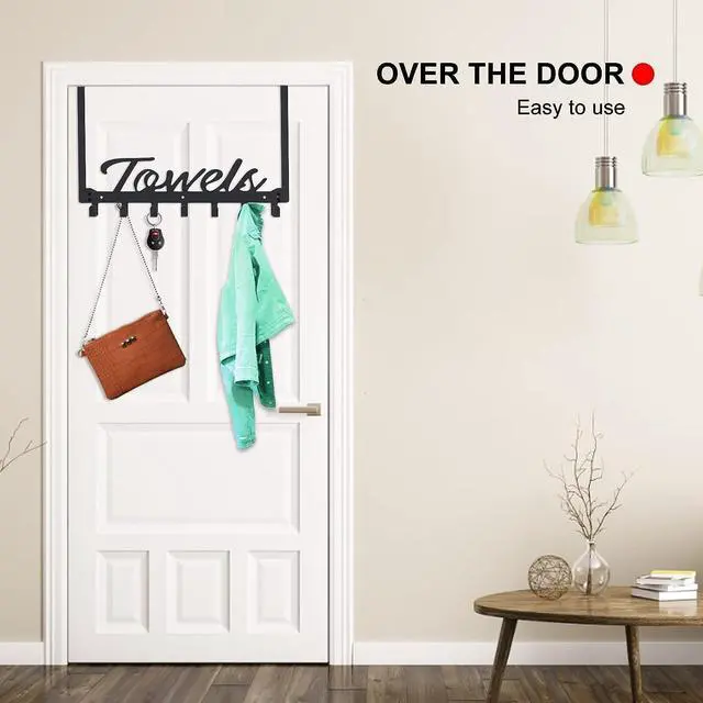 Alt view image 5 of 7 - Over The Door Hooks - Heavy Duty Towel Rack with 6 Hooks for Bedroom, Bathroom, Kitchen - Holds Towels, Bags, Coats, Hats - Black
