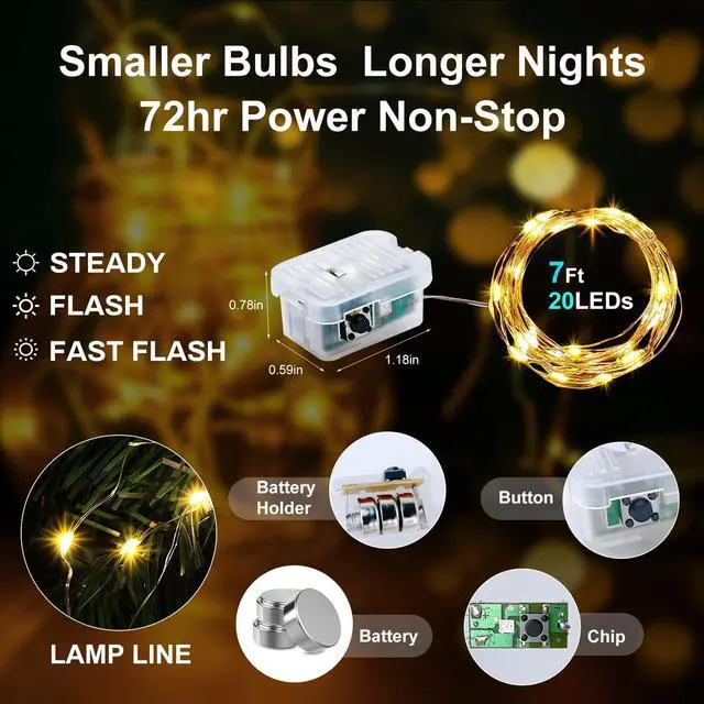 Alt view image 2 of 6 - 24 Pack Fairy Lights 3 Modes 7ft 20 LED Waterproof,Battery Operated Silver Wire Firefly Starry Moon Mini String Lights for Mason Jars Christmas DIY Crafts Party Bedroom,Cool White&Warm White