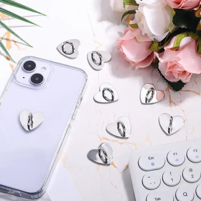 Alt view image 3 of 7 - 8pcs Cell Phone Ring Holder, Cute Heart Phone Charm Hooks Adhesive Smartphone Finger Ring Stand Sticky Metal Loop Grip for Cellphone Case Pad Tablet DIY Accessories (Silver)