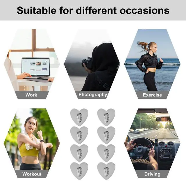 Alt view image 7 of 7 - 8pcs Cell Phone Ring Holder, Cute Heart Phone Charm Hooks Adhesive Smartphone Finger Ring Stand Sticky Metal Loop Grip for Cellphone Case Pad Tablet DIY Accessories (Silver)
