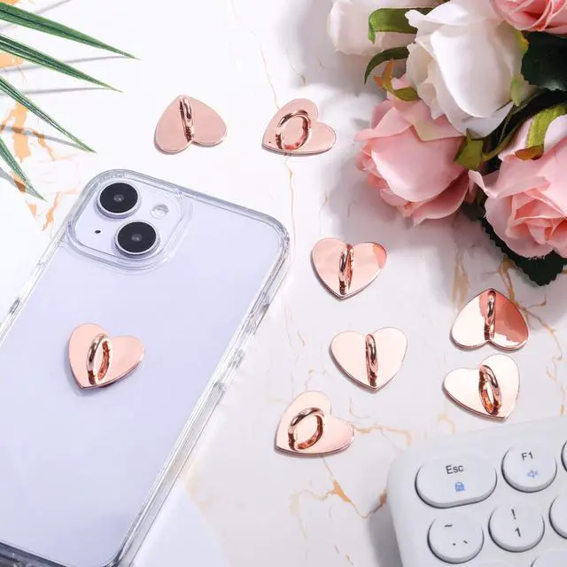 Alt view image 3 of 7 - 8pcs Cell Phone Ring Holder, Cute Heart Phone Charm Hooks Adhesive Smartphone Finger Ring Stand Sticky Metal Loop Grip for Cellphone Case Pad Tablet DIY Accessories (Rose Gold)
