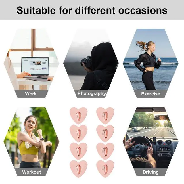 Alt view image 7 of 7 - 8pcs Cell Phone Ring Holder, Cute Heart Phone Charm Hooks Adhesive Smartphone Finger Ring Stand Sticky Metal Loop Grip for Cellphone Case Pad Tablet DIY Accessories (Rose Gold)