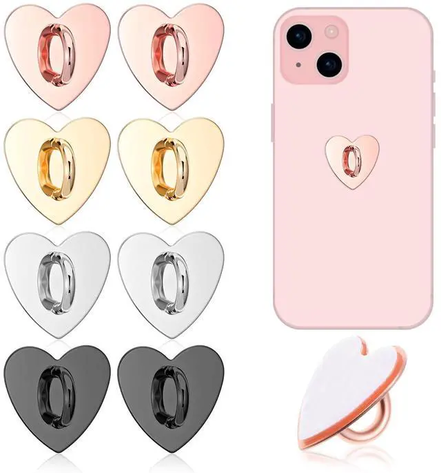 Main image of 8 Pcs Phone Charm Hook Cell Phone Ring Holder, Cute Heart Phones Charm Hooks Adhesive Smartphone Finger Ring Grip Metal Loop Stand for Cellphone Case Pad Tablet DIY Hanging, 4 Colors