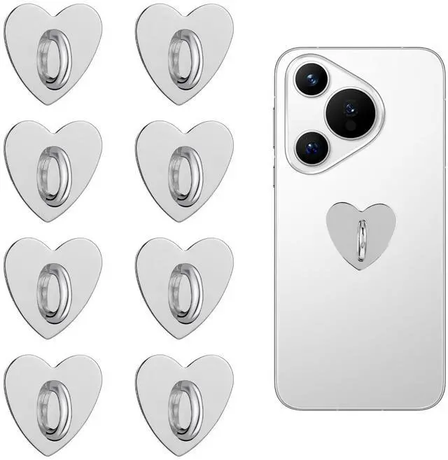 Main image of 8 Pcs Heart Phone Charm Hook Cute Cell Phone Finger Ring Adhesive Smartphone Finger Ring Grip Sticky Metal Loop Stand for Cellphone Case Pad Tablet DIY Accessories (Silver) 0.95 × 0.98 × 0.47 Inch