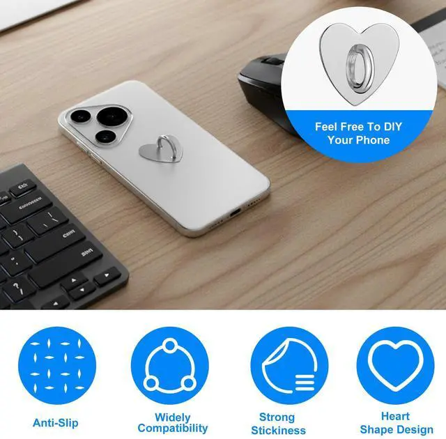 Alt view image 3 of 7 - 8 Pcs Heart Phone Charm Hook Cute Cell Phone Finger Ring Adhesive Smartphone Finger Ring Grip Sticky Metal Loop Stand for Cellphone Case Pad Tablet DIY Accessories (Silver) 0.95 × 0.98 × 0.47 Inch