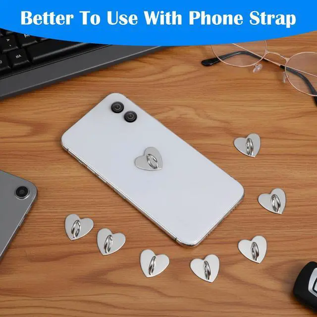 Alt view image 4 of 7 - 8 Pcs Heart Phone Charm Hook Cute Cell Phone Finger Ring Adhesive Smartphone Finger Ring Grip Sticky Metal Loop Stand for Cellphone Case Pad Tablet DIY Accessories (Silver) 0.95 × 0.98 × 0.47 Inch