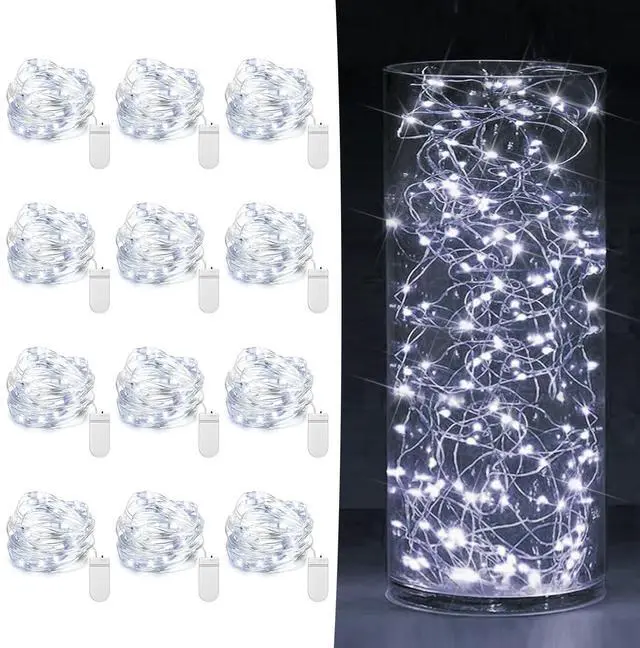 Main image of 12 Pack Fairy Lights Battery Operated 7ft 20 LED Mini String Twinkle Silver Wire Firefly Starry for Mason Jars Wedding Party Christmas Centerpiece Table Decorations, Cool White