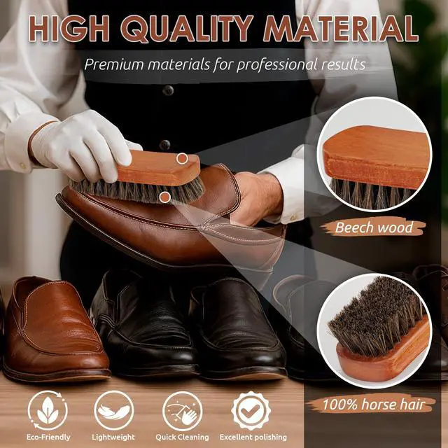 Alt view image 3 of 7 - 6.7" Horsehair Shoe Shine Brush - 2 Pack Set 100% Genuine Soft Horsehair Bristles - Unique Concave Design Wood Handle for Boots, Shoes & Other Leather Care (2pcs)