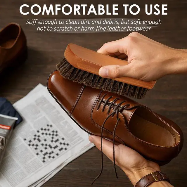 Alt view image 5 of 7 - 6.7" Horsehair Shoe Shine Brush - 2 Pack Set 100% Genuine Soft Horsehair Bristles - Unique Concave Design Wood Handle for Boots, Shoes & Other Leather Care (2pcs)