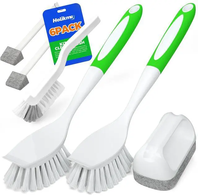 Main image of 6 Pack Dish Brush with Handle Kitchen Cleaning Brush Set for Pot, Pan, Kitchen Sink (Green)