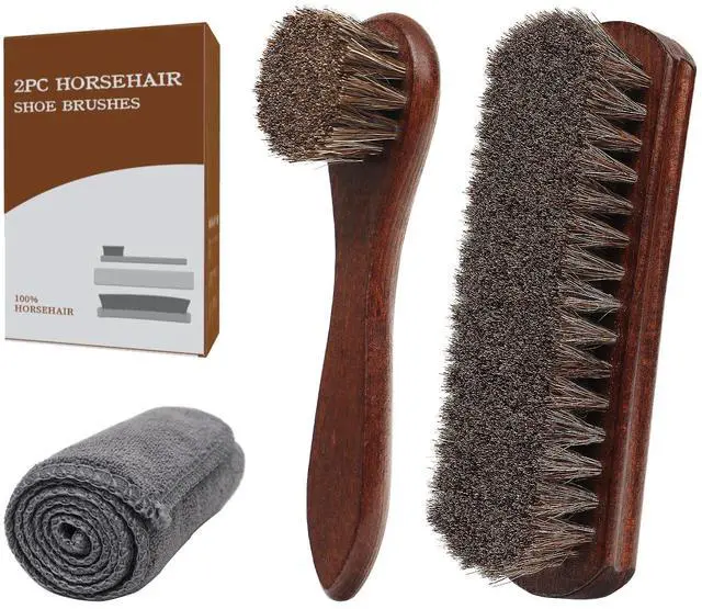 Main image of 3-Piece 100% Horse Hair Shoe Brush Kit Premium Dauber Applicators Leather Care Cleaning Set with Polishing Brushes and Microfiber Cloth for Leather Suede Shoes Boots Bags Cars Cleaning Polishing