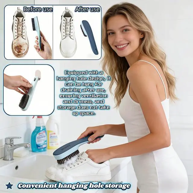 Alt view image 6 of 7 - Ergonomic Shoe & Clothing Brush Set (2-Piece) - Heavy Duty Stain Remover with Non-Slip Grip, Hanging Hole for Storage | Bathroom Tile Grout Scrubber, Kitchen Cleaner, Carpet Spotter