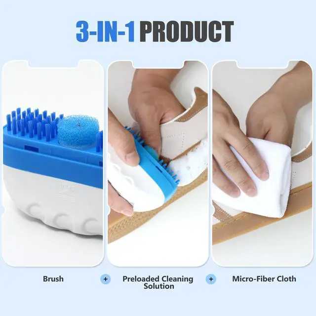 Alt view image 2 of 6 - 3-in-1 Shoe Cleaner Kit | Travel Size Foaming Shoe Cleaner | Nonscratch Shoe Brush & Microfiber Cleaning Cloth | Safe on White Shoes, Sneakers, Cleats, Heels | Pack of 2