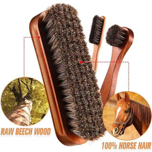 Alt view image 2 of 6 - 4 Pcs Horsehair Shine Shoes Brush Kit Polish Dauber Applicators Cleaning Leather Shoes Boots Care Brushes Suede Cleaner Brush with Microfiber Shoe Cloth(4 Pcs Style A)