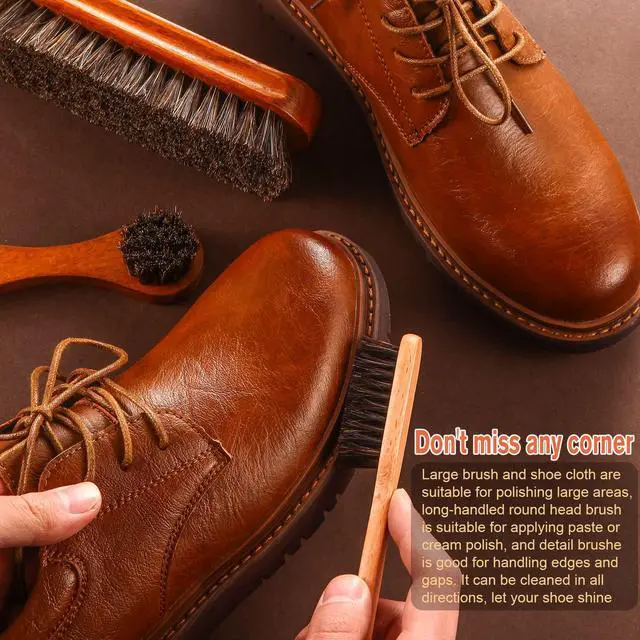 Alt view image 4 of 6 - 4 Pcs Horsehair Shine Shoes Brush Kit Polish Dauber Applicators Cleaning Leather Shoes Boots Care Brushes Suede Cleaner Brush with Microfiber Shoe Cloth(4 Pcs Style A)